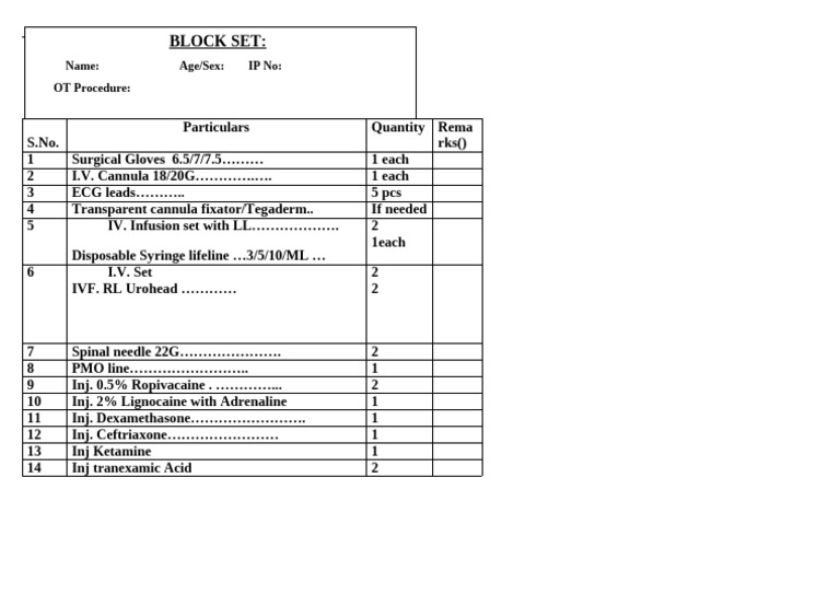 Surgical Block Set Inventory List | PDF