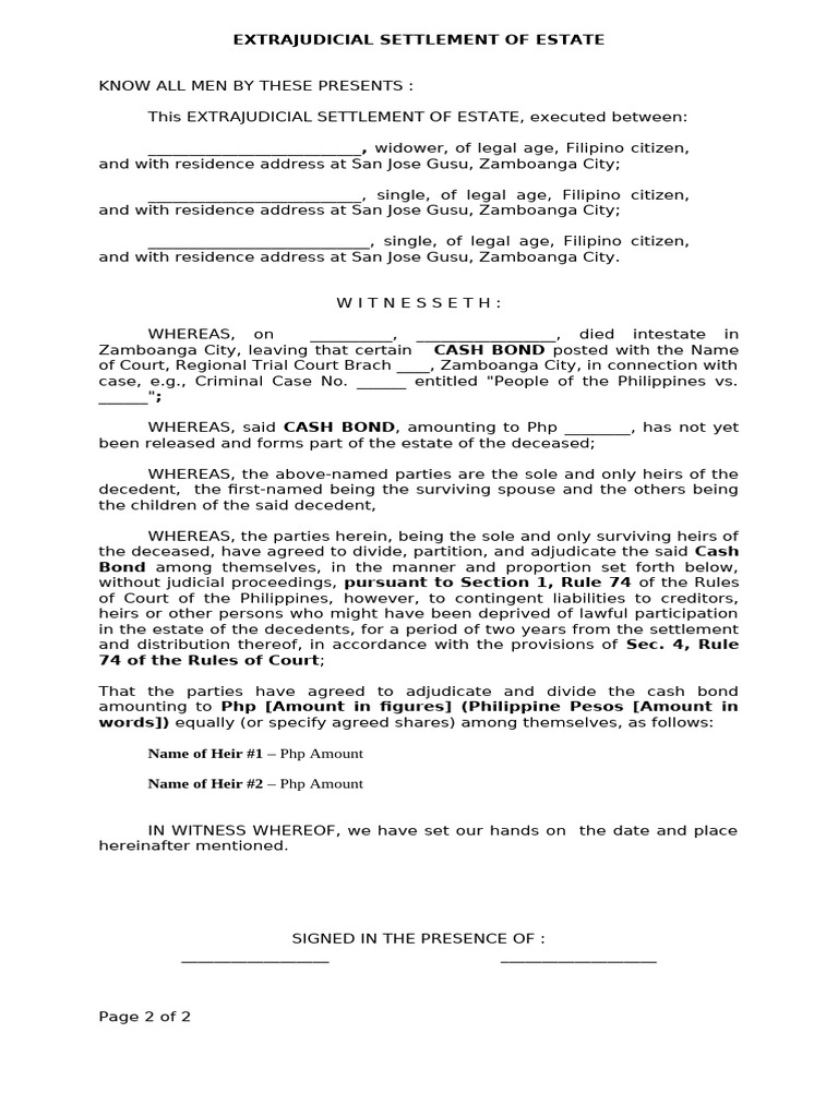 Extrajudicial Settlement of Estate Form | PDF | Civil Law (Common Law ...