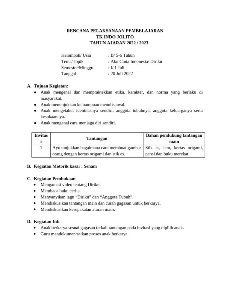 RPP Tema Diriku untuk TK B 5-6 Tahun | PDF