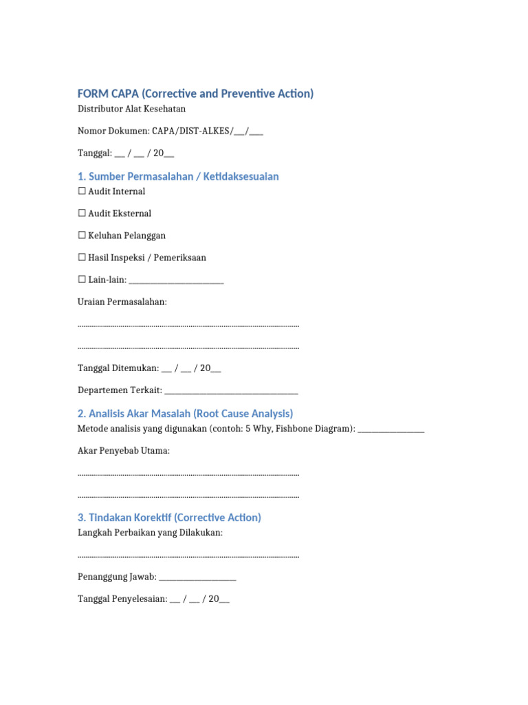 Formulir CAPA untuk Distributor Alat Kesehatan | PDF