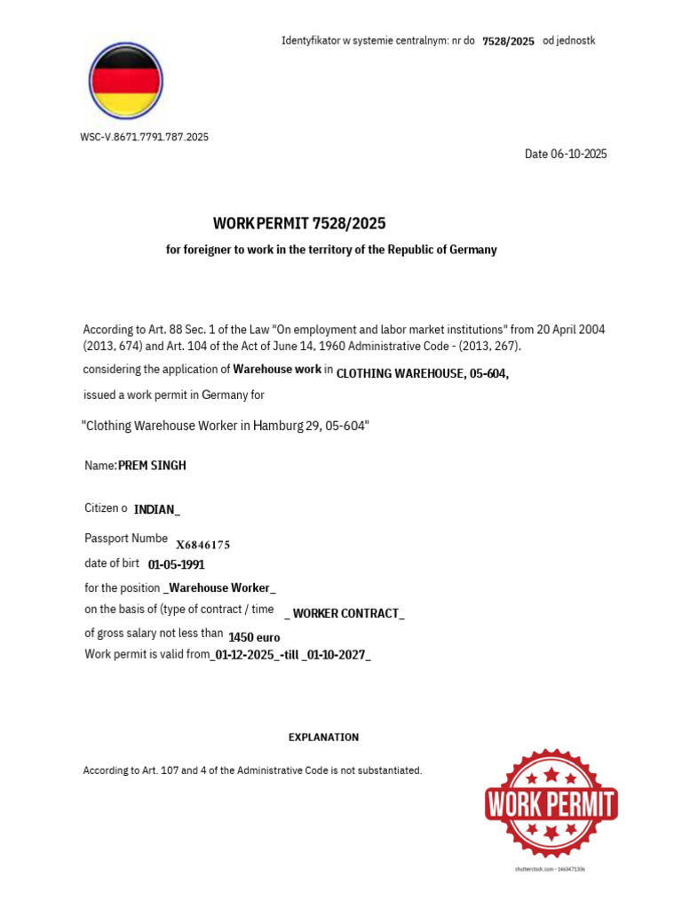 Germany Work Permit for Warehouse Worker | PDF | Labor | Justice