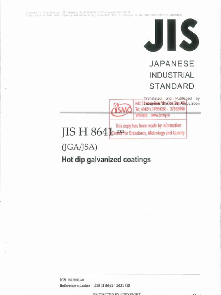 JIS H 8641 2021 Hot Dip Galvanized Coatings | PDF