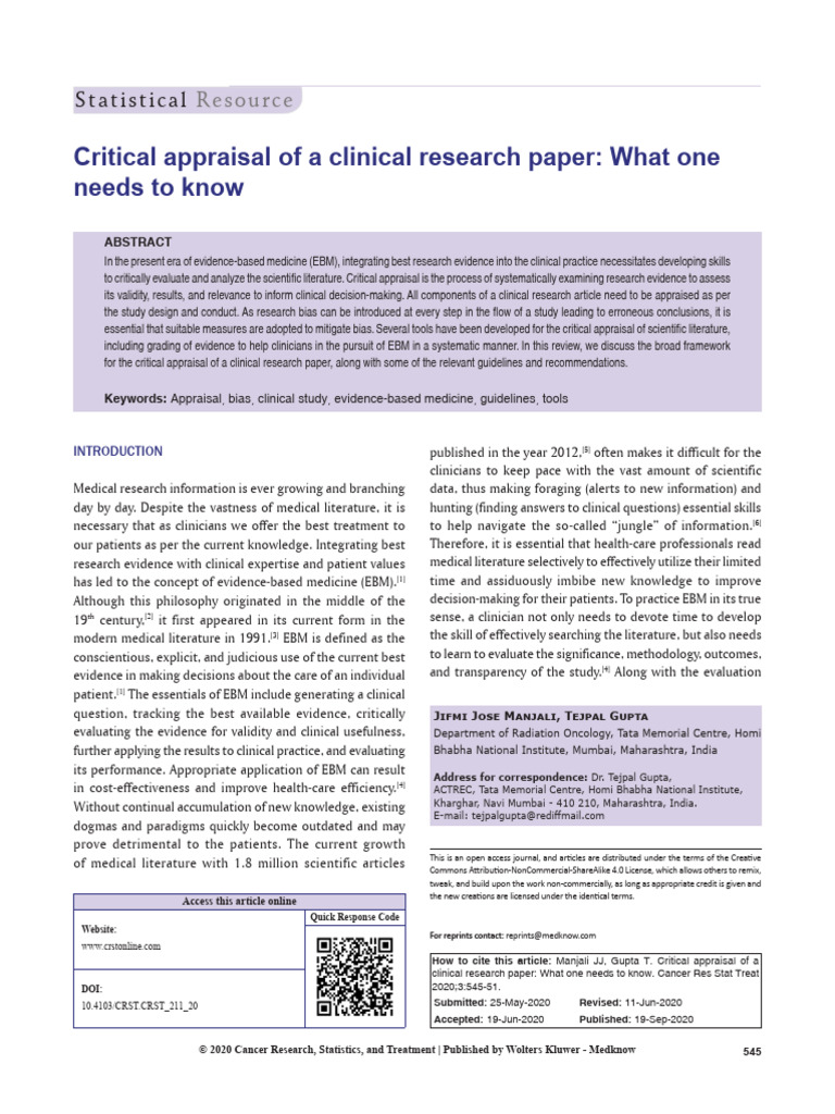 Critical Appraisal in Clinical Research | PDF | Statistics | Evidence ...