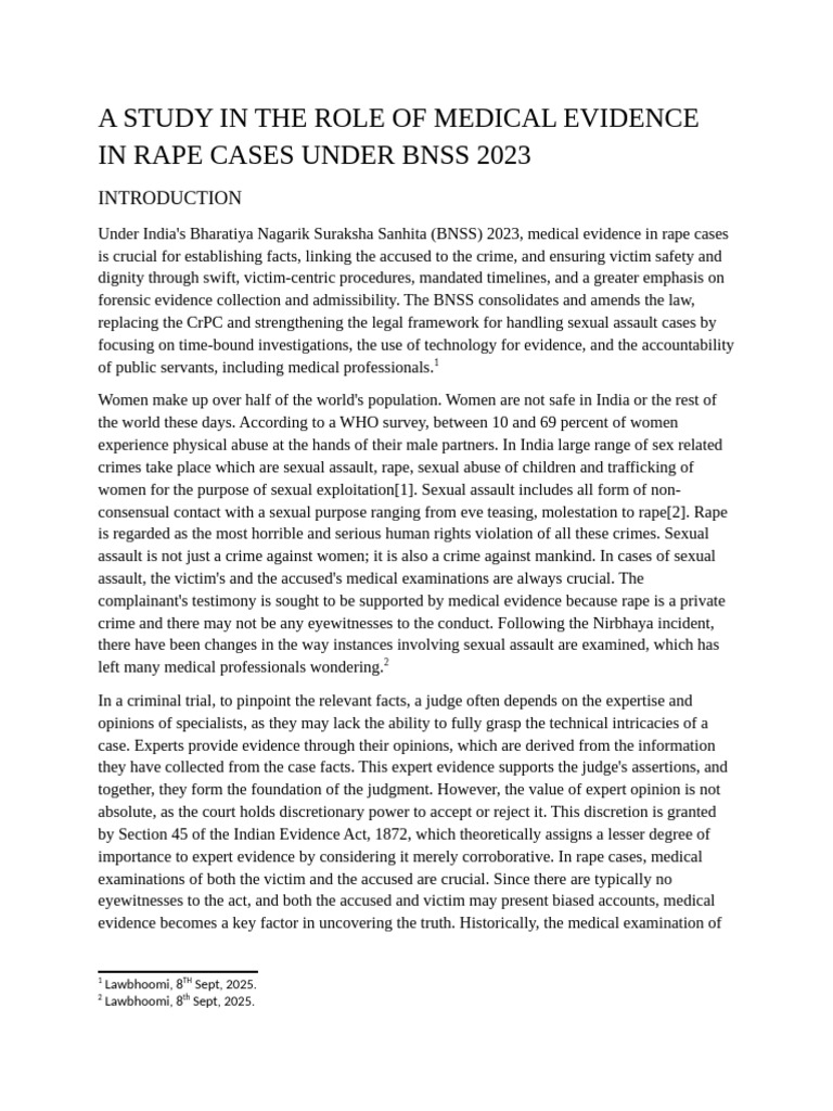 Medical Evidence in Rape Cases BNSS 2023 | PDF | Rape | Sexual Assault