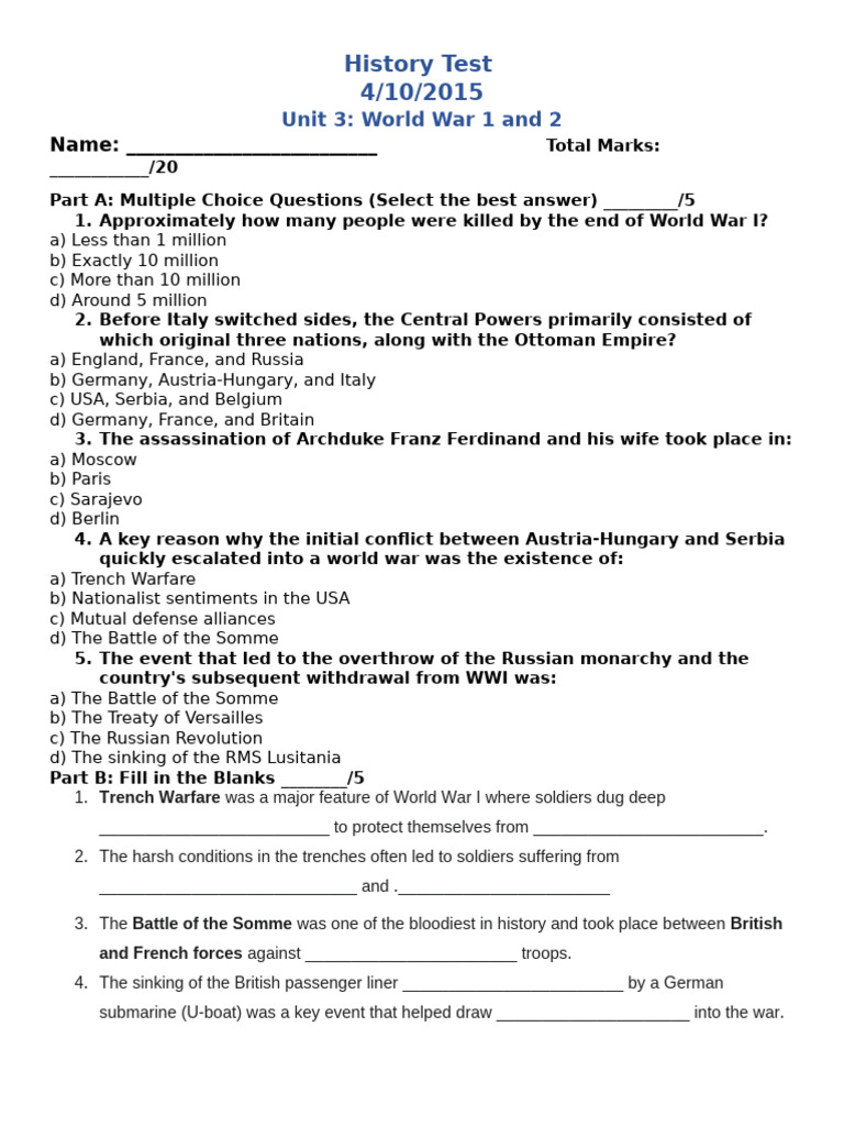 World War 1 & 2 History Test | PDF | World War I | U Boats