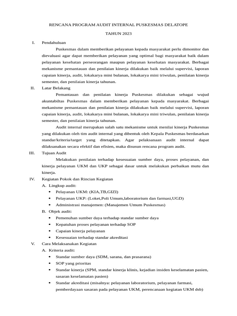 Rencana Audit Internal Puskesmas 2023 | PDF