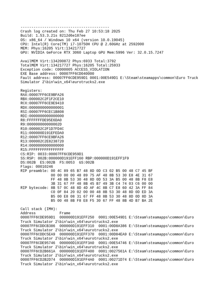 Euro Truck Simulator 2 Crash Log | PDF | Microsoft Windows | Computing ...