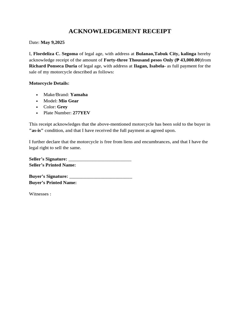 Motorcycle Sale Acknowledgment Receipt | PDF | Common Law | Civil Law ...