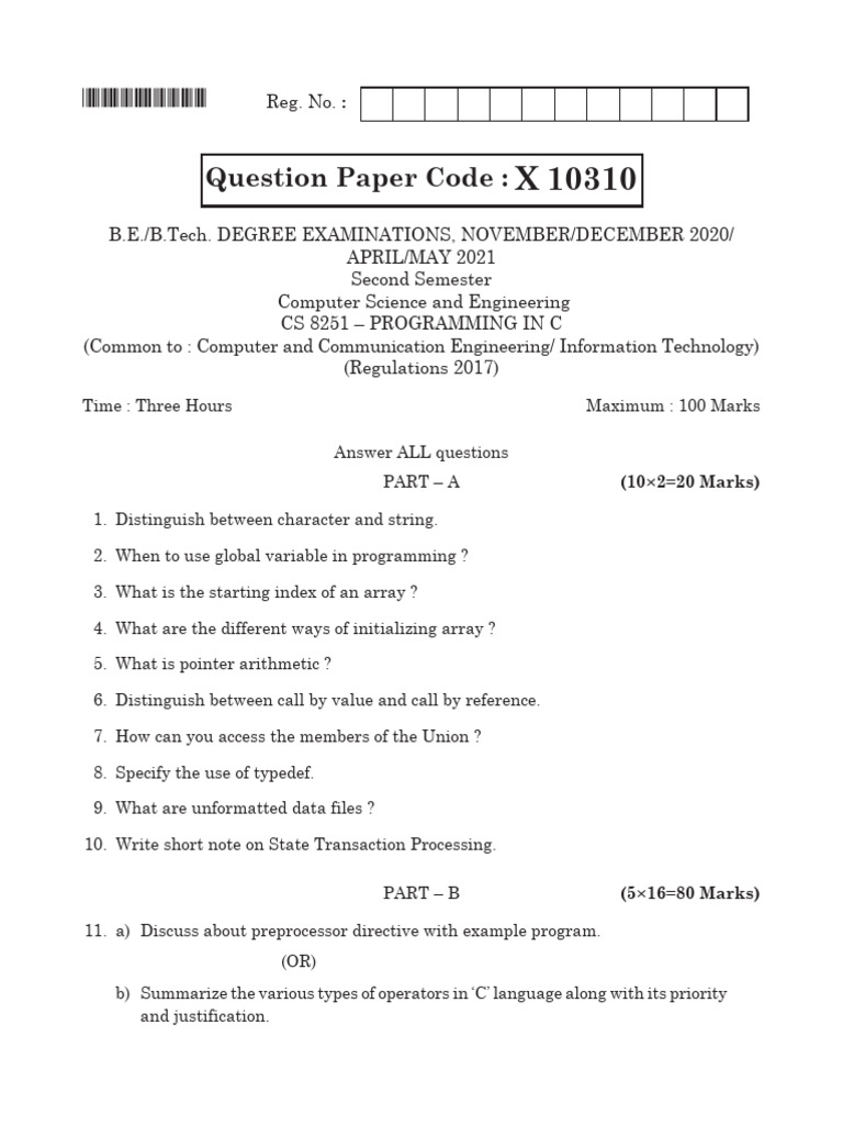 Programming in C - CS8251 2017 Regulation - Question Paper 2020 Nov Dec ...