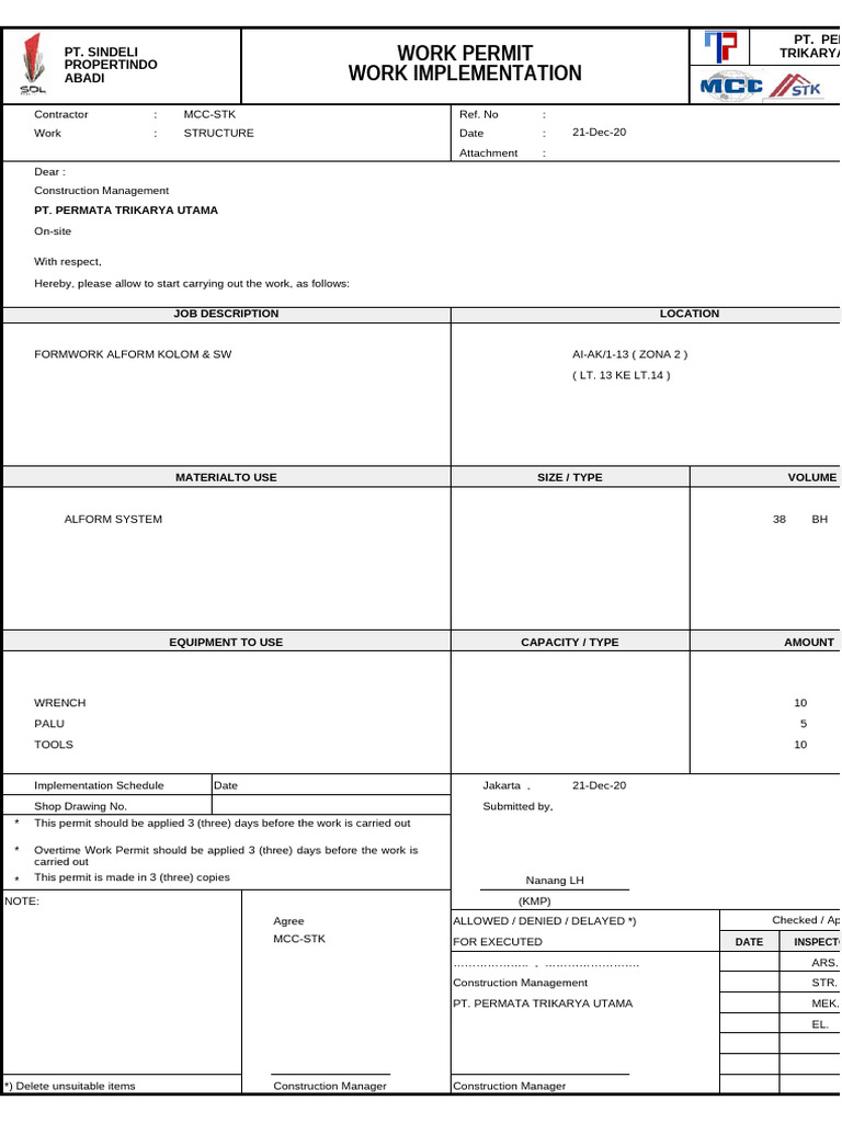 Work Permit for Structural Work | PDF | Building Technology ...