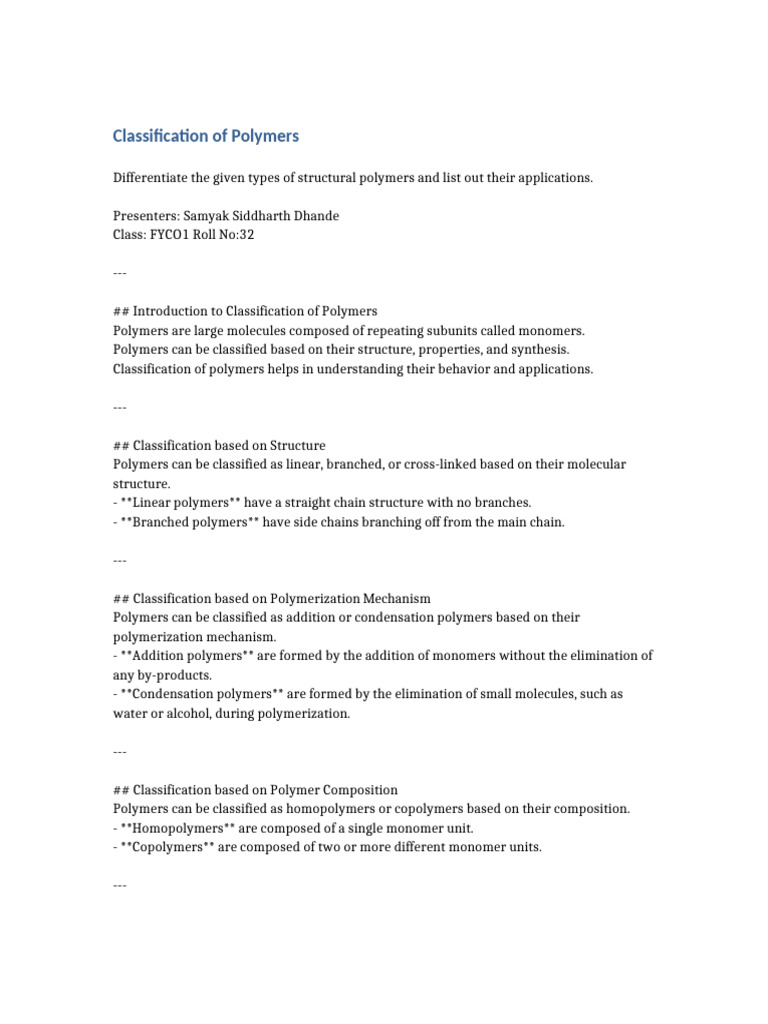 Polymer Classification Overview | PDF | Polymers | Copolymer