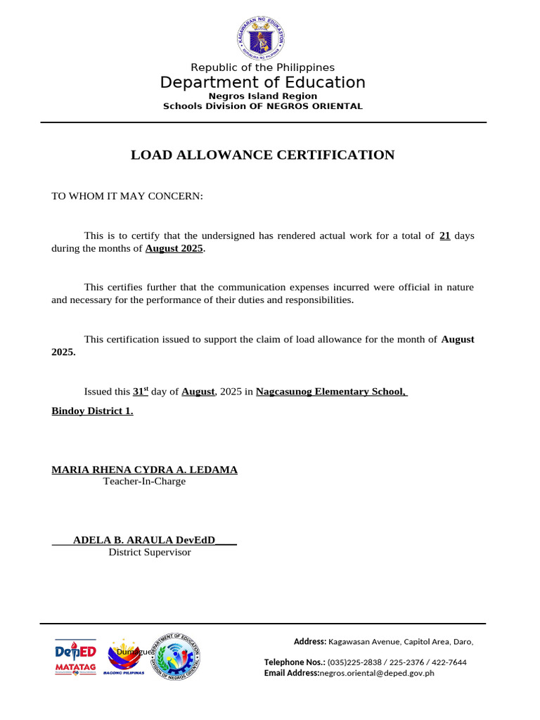 Load Allowance Certification Pdf Philippines