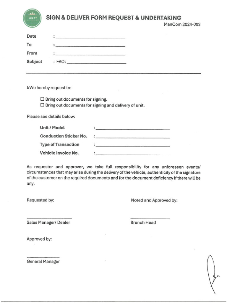 Sign and Deliver Form Request & Undertaking | PDF