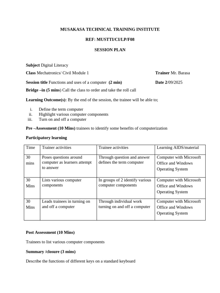 Digital Literacy Training Session Plan | PDF | Microsoft Office ...