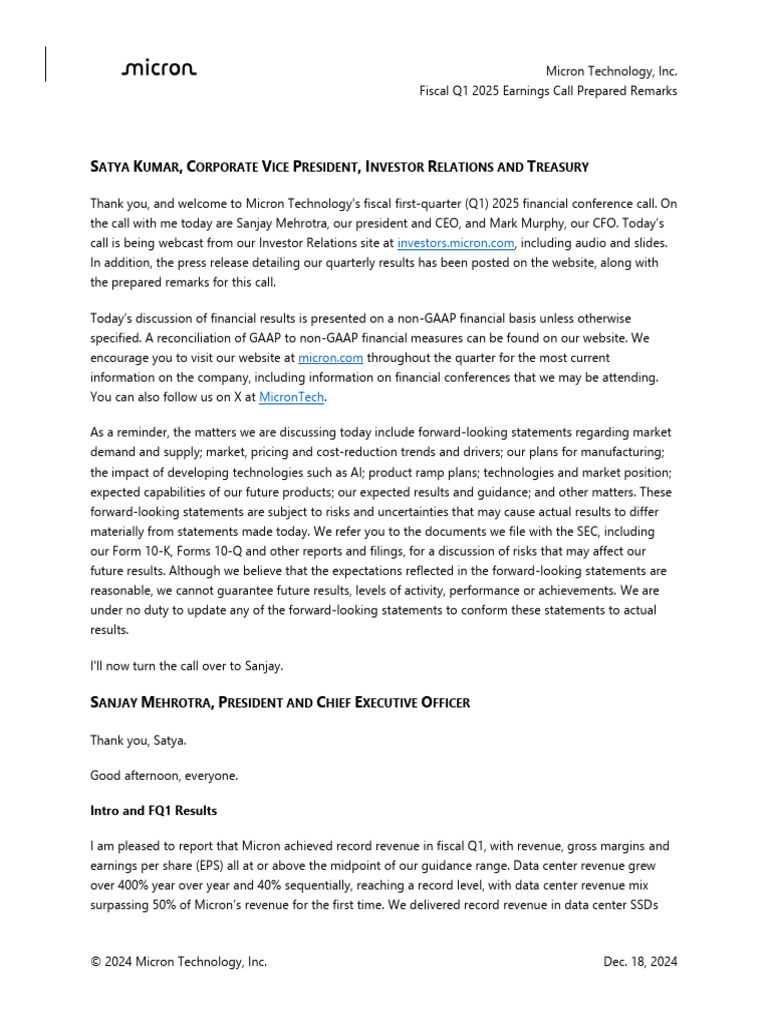 FY25 Q1 Prepared Remarks | PDF | Solid State Drive | Flash Memory