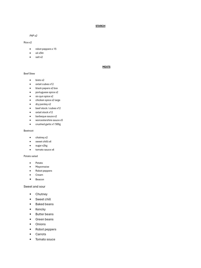 Grocery List for Beef Stew and Sides | PDF