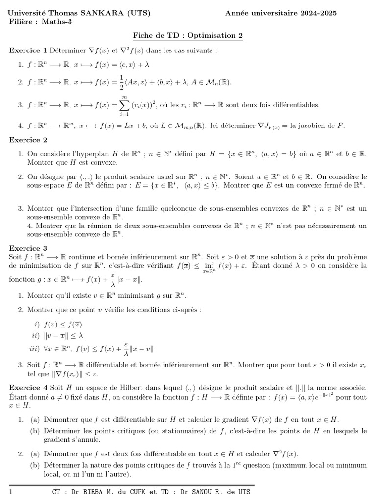 Exercices d'Optimisation Mathématique 2024 | PDF | Pente | Physique ...