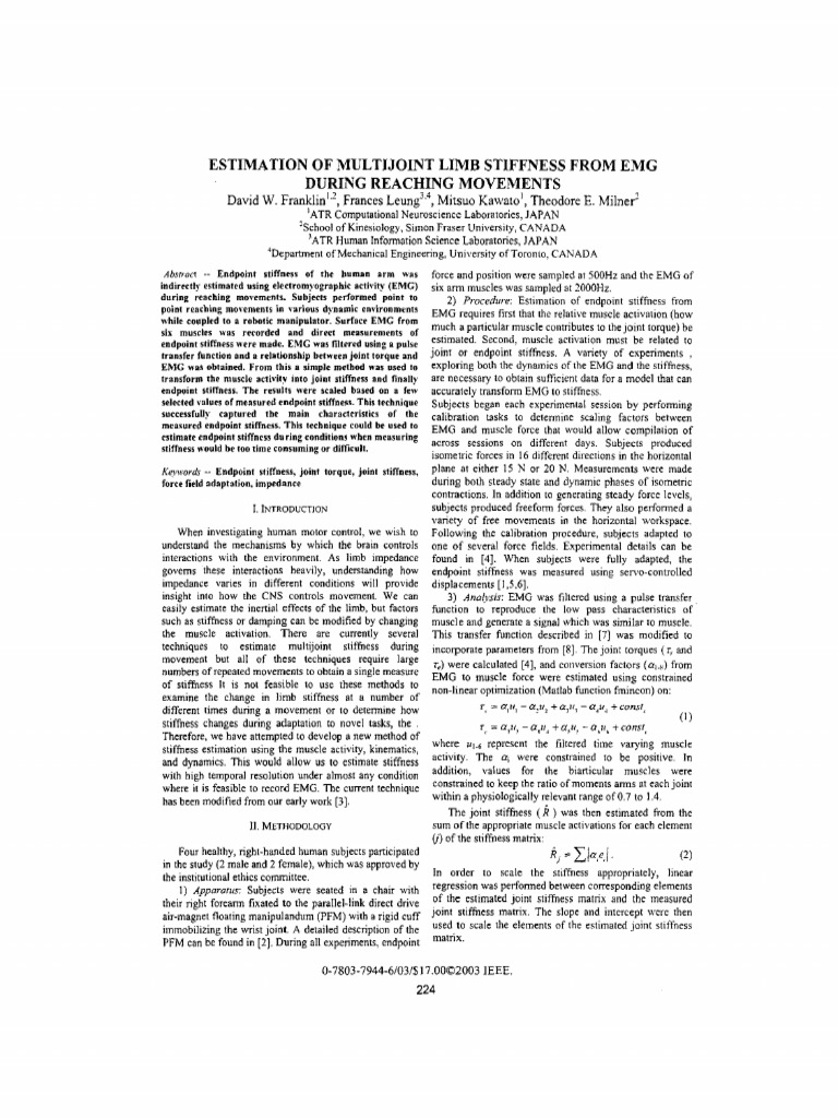 Estimating Limb Stiffness from EMG | PDF | Electromyography | Mechanics