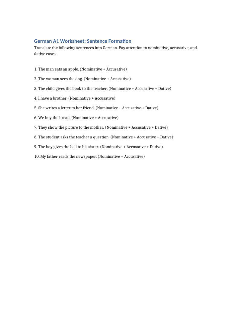 German A1 Sentence Formation Worksheet | PDF