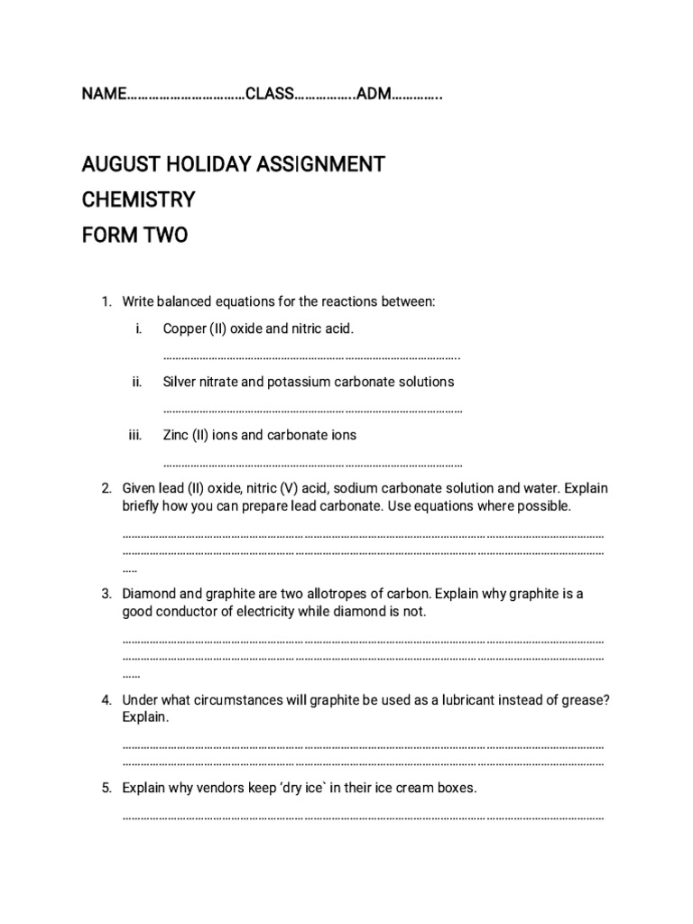 F2 Chem Aug 2025 Assignment - Form 2 - Chemistry | PDF | Oxide | Nitric ...