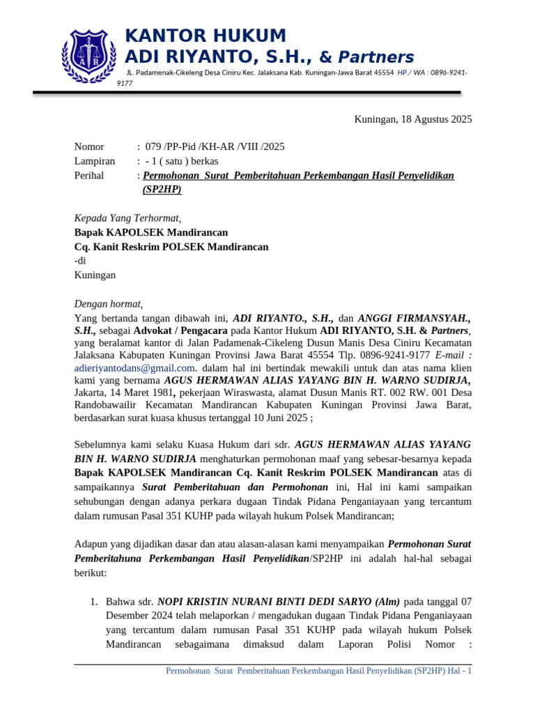 Permohonan SP2HP Tindak Pidana Kuningan | PDF