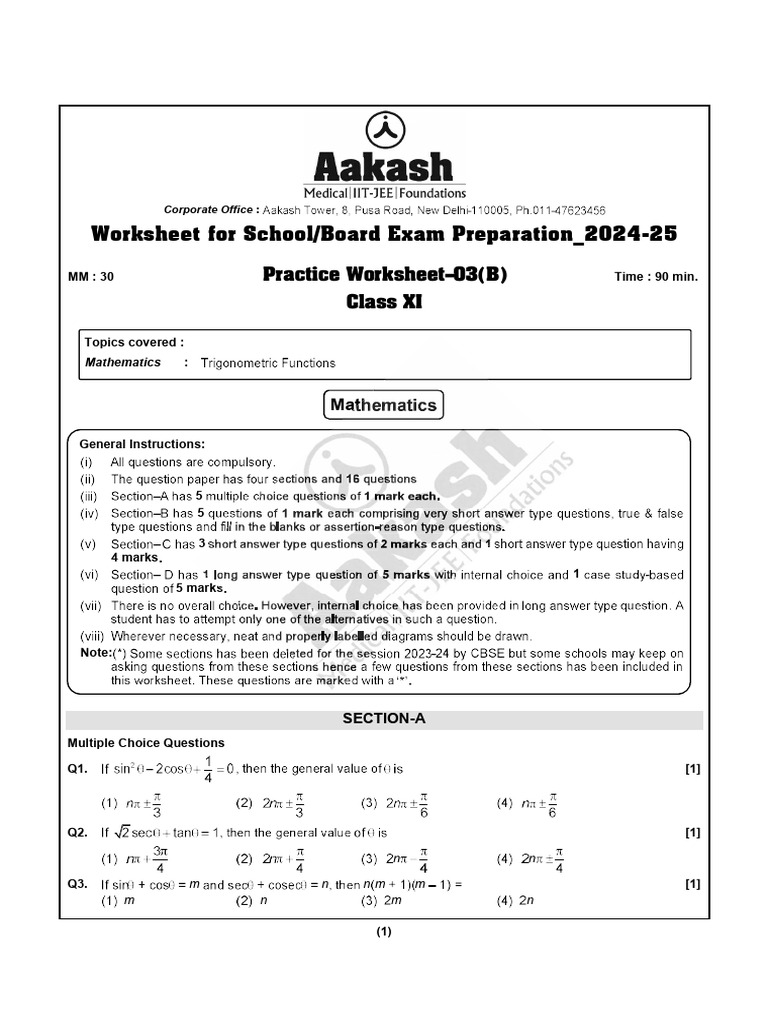 Class XI Mathematics Exam Worksheet 2024 | PDF