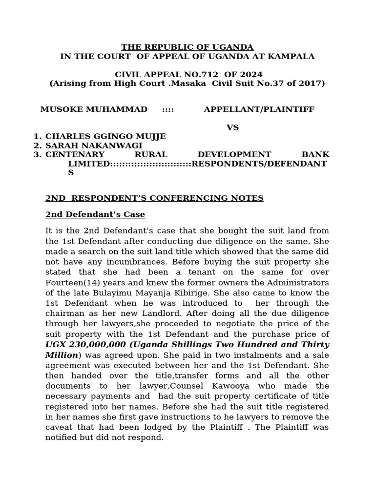 Uganda Civil Appeal 712 of 2024 Summary | PDF | Lawsuit | Burden Of ...