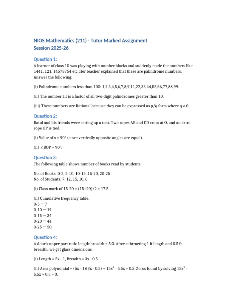 NIOS Class 10 Mathematics Assignment | PDF