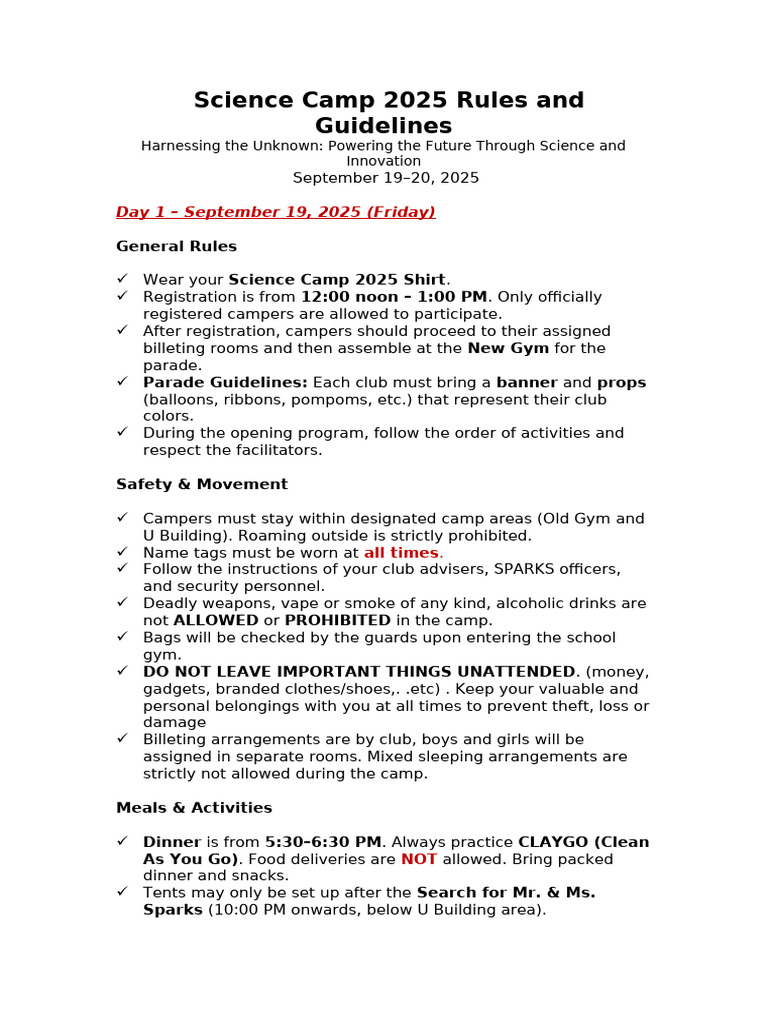 Science Camp 2025 Guidelines | PDF