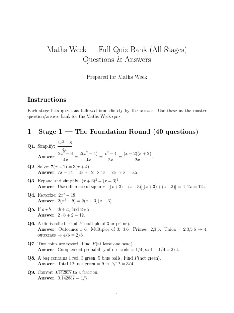 Maths Week Quiz Question Bank | PDF | Area | Numbers