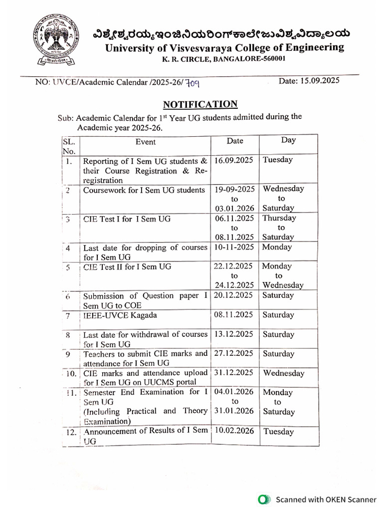 Academic Calendar For 1st Year UG Students .Admitted. During The ...