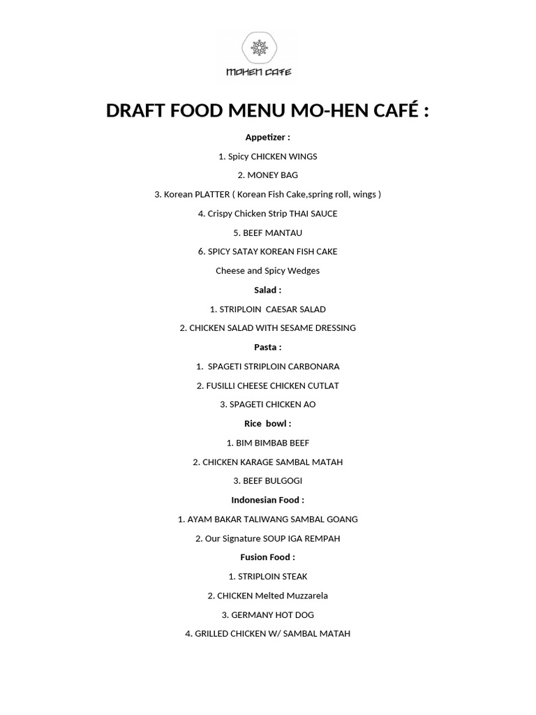 Mo-Hen Café Draft Menu Overview | PDF | Indonesian Cuisine | Foods