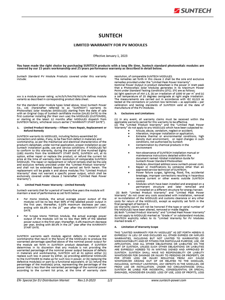 Suntech PV Modules Limited Warranty 2023 | PDF | Solar Panel