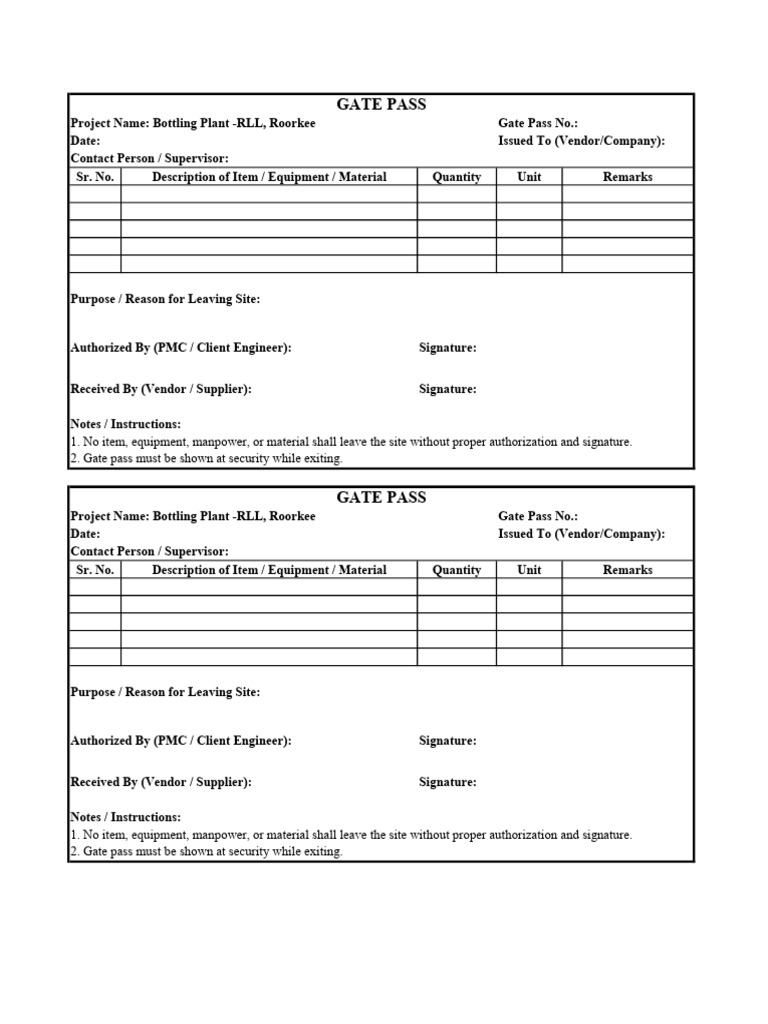 Bottling Plant Roorkee Gate Pass Template | PDF
