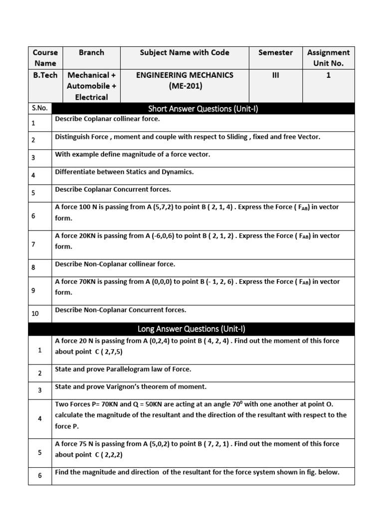 Engineering Mechanics Assignment Questions | PDF | Force | Euclidean Vector