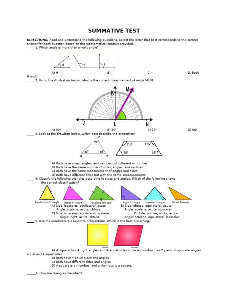 Quadrilateral and Triangle Classification Test | PDF | Triangle ...