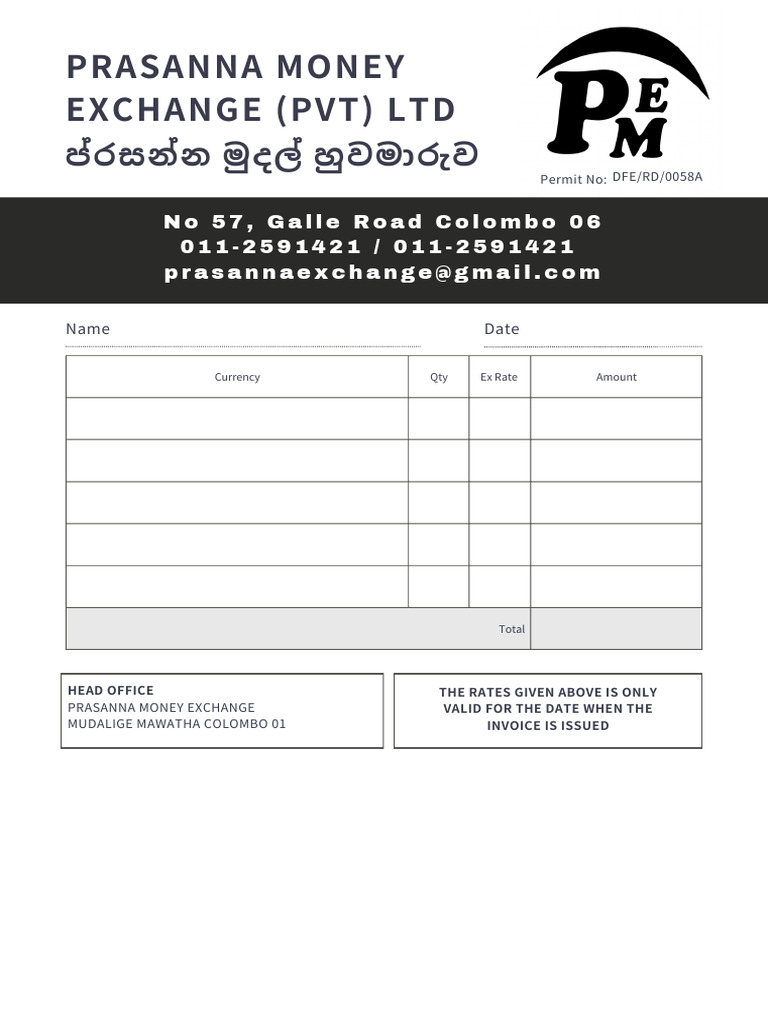 Prasanna Money Exchange Rates Invoice | PDF