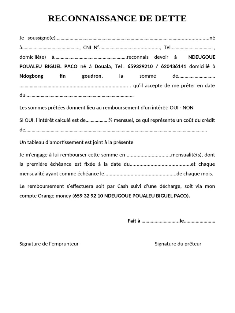 Reconnaissance de Dette à Remplir | PDF