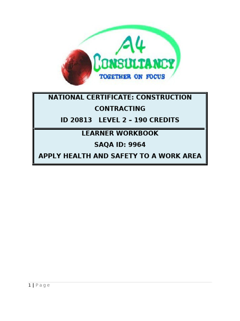 Health and Safety Workbook: SAQA 9964 | PDF