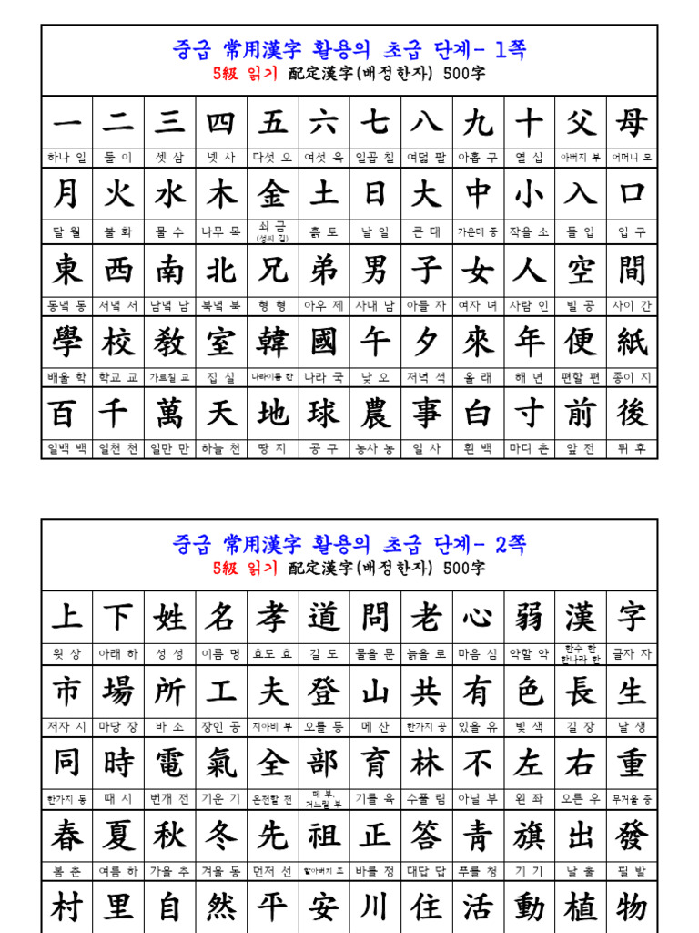 한자 한국어문회 배정한자5급 읽기 | PDF