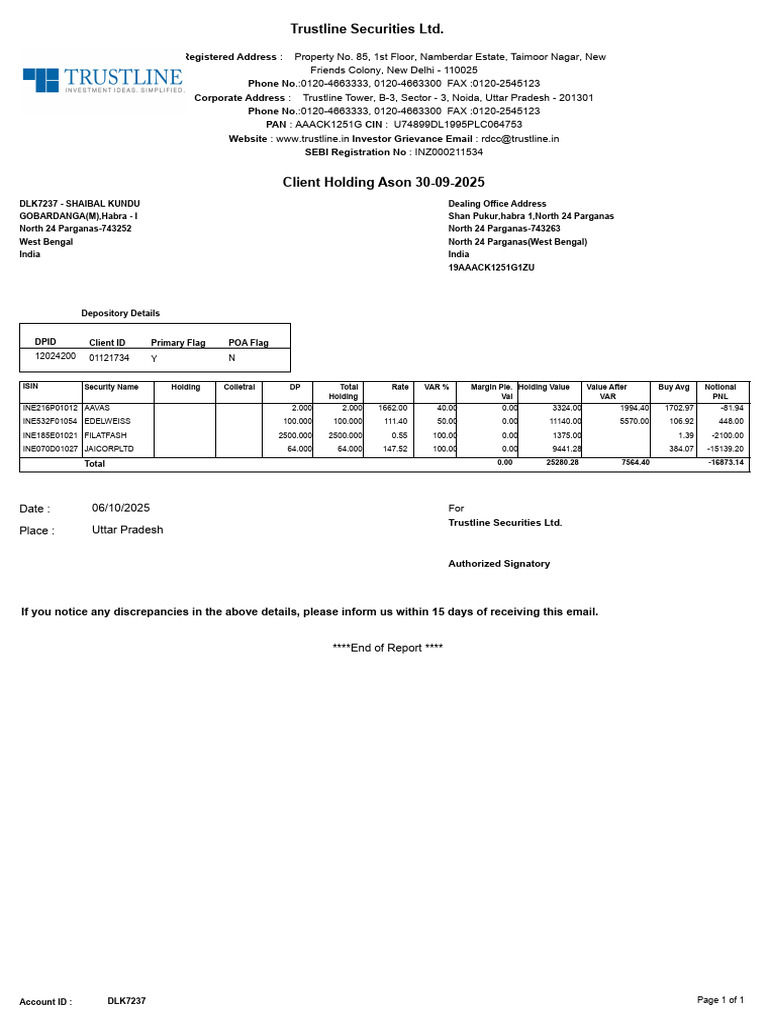 Trustline Securities Client Holding Report | PDF