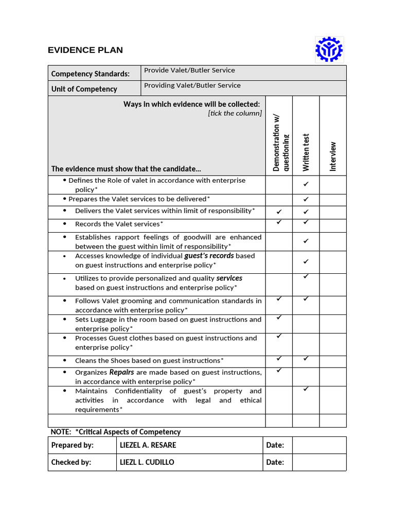 Valet Service Evidence Collection Plan | PDF