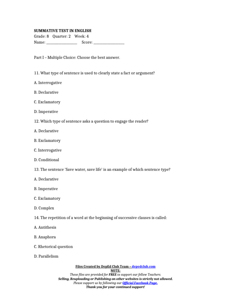Grade 8 English Summative Test | PDF | Sentence (Linguistics) | Question