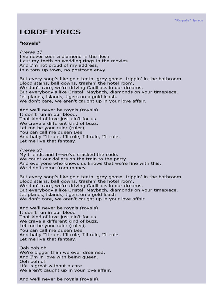 "Royals Lyrics by Lorde" | PDF