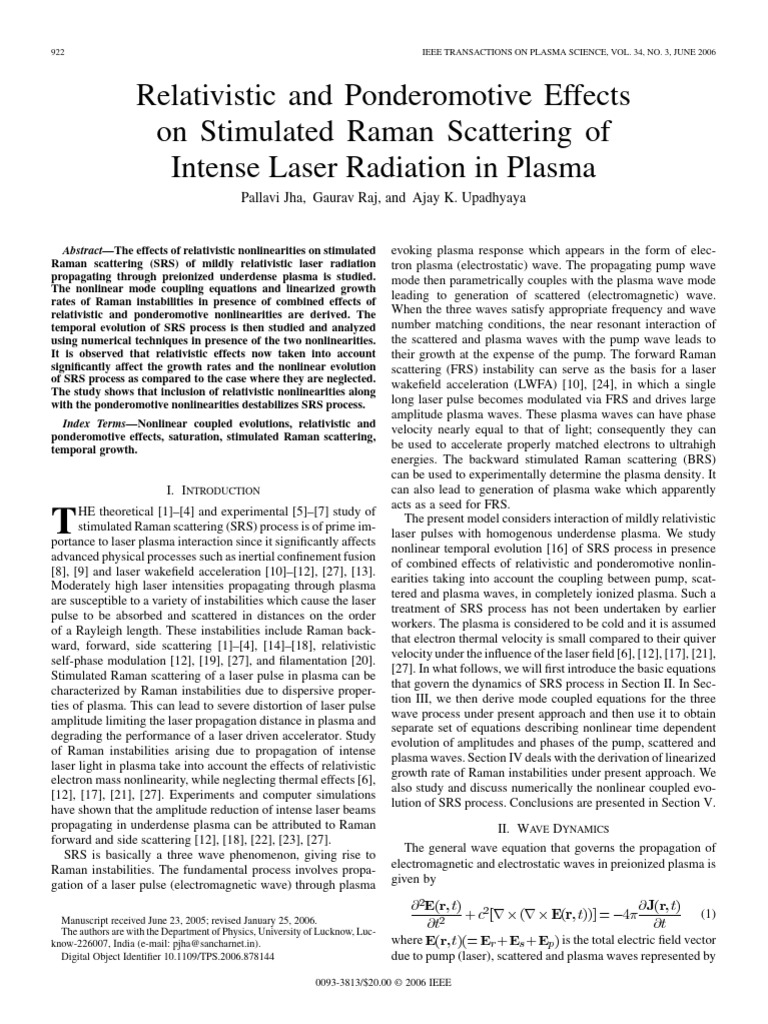 Relativistic and Ponderomotive Effects On Stimulated Raman Scattering ...