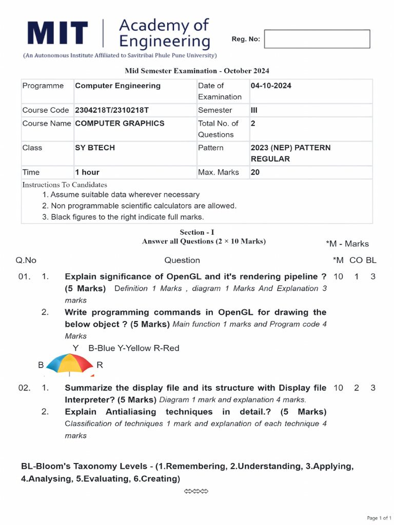 SY Btech CS Computer Graphics SEM-III OCT 2024 | PDF