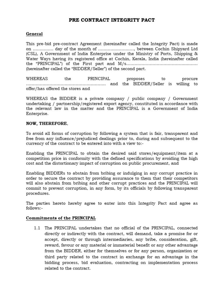 Pre Contract Integrity Pact: General | PDF | Bribery | Interest