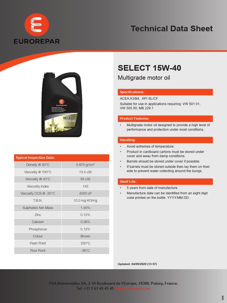 15W-40 Multigrade Motor Oil Data Sheet | PDF | Motor Oil | Vehicle ...