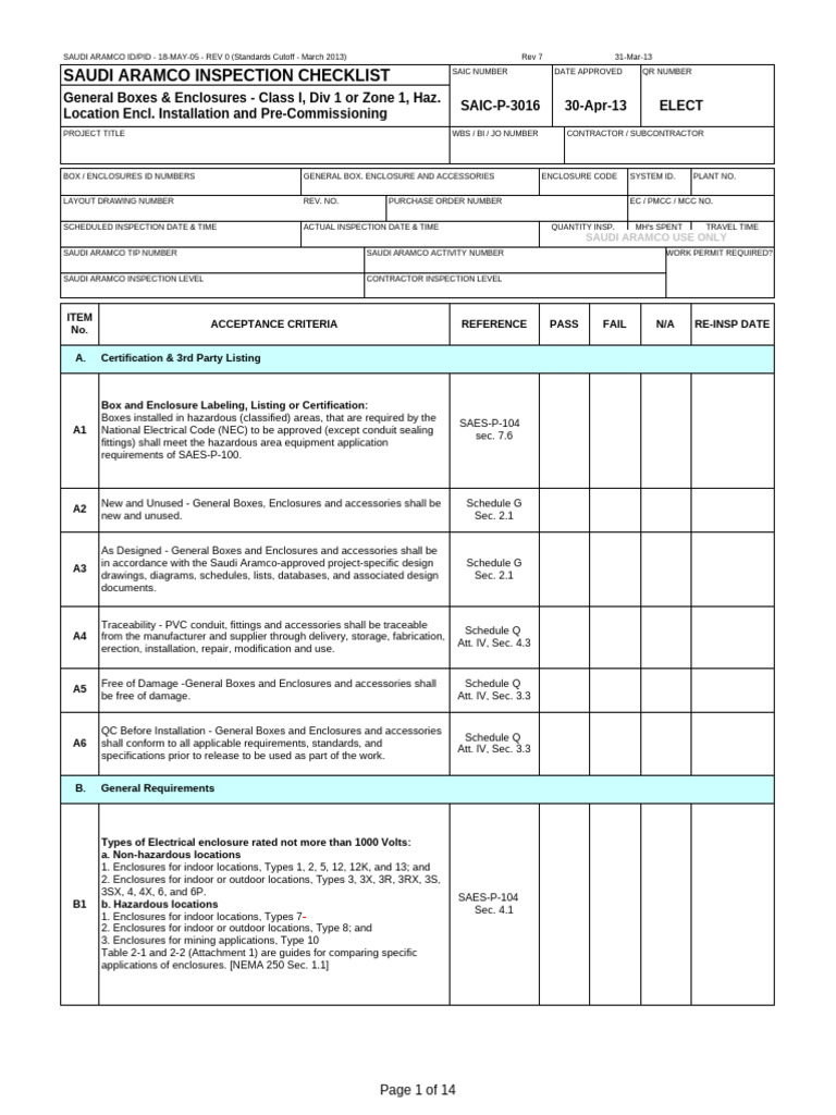 Saudi Aramco Inspection Checklist Guide | PDF | Electricity ...