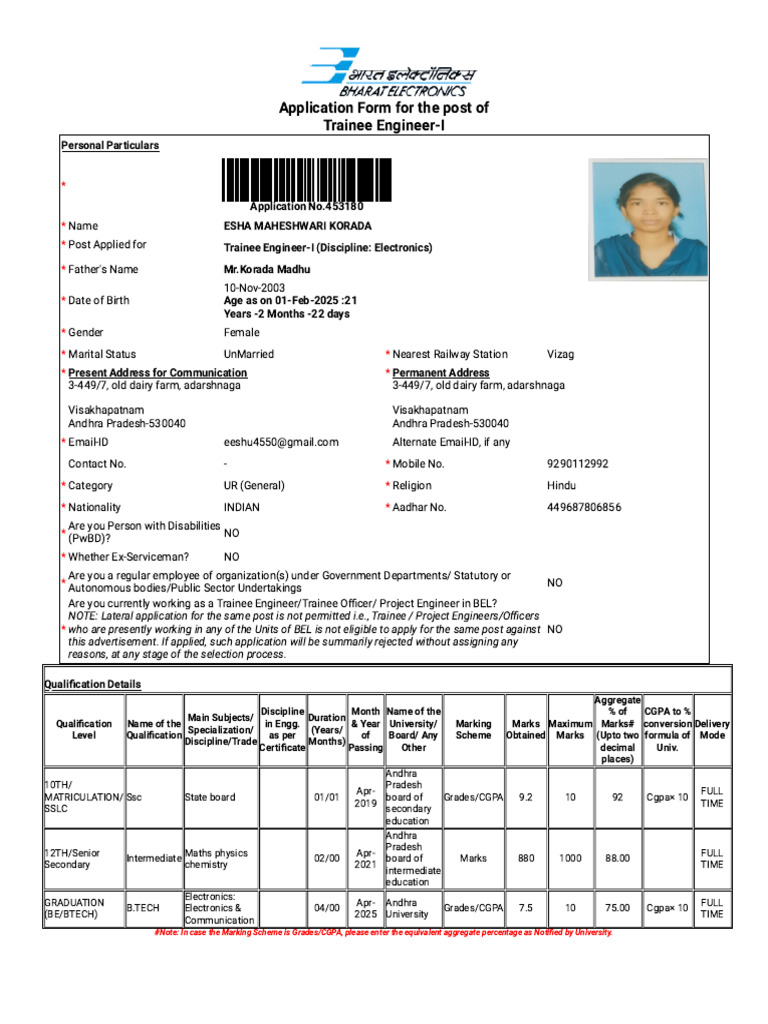 BEL Trainee Engineer-I Application Form | PDF